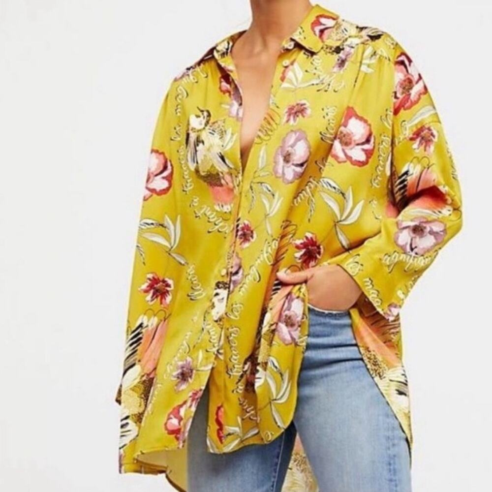 Free People Oversized Button Down Shirt Silky Nights size XS Yellow Floral